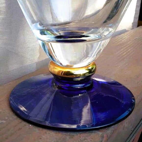 Stunning Romania Crystal Clear Glass Pitcher Cobalt Blue Gold Gilded Ring Bas - Picture 8 of 8